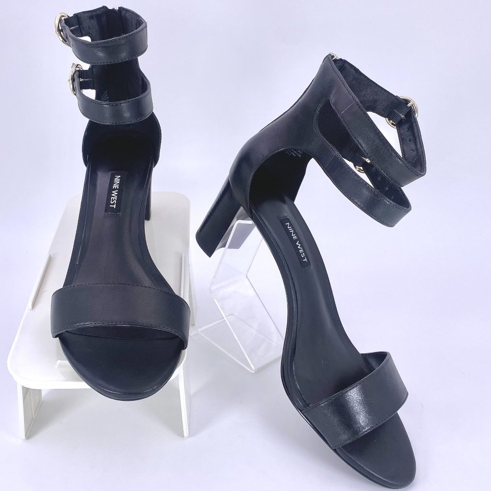 Nine West 9.5W "Parlans" Black Double Ankle Strap Women's Leather 2.75 in. Heels